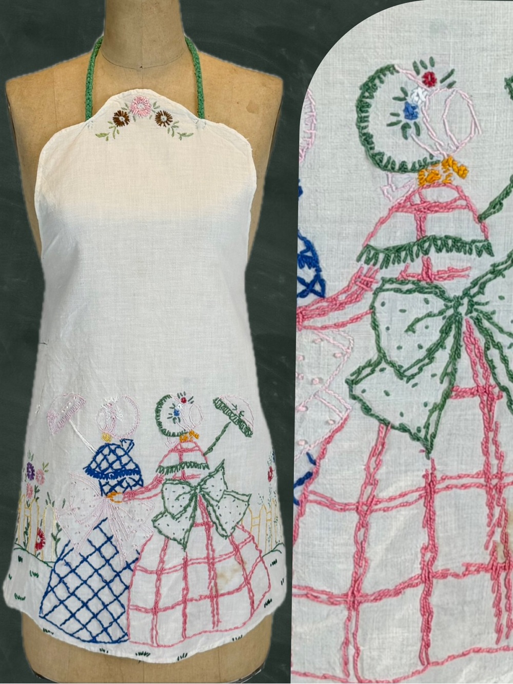 VINTAGE 1940s sunbonnet southern belle lady full apron needlework MCM folk art